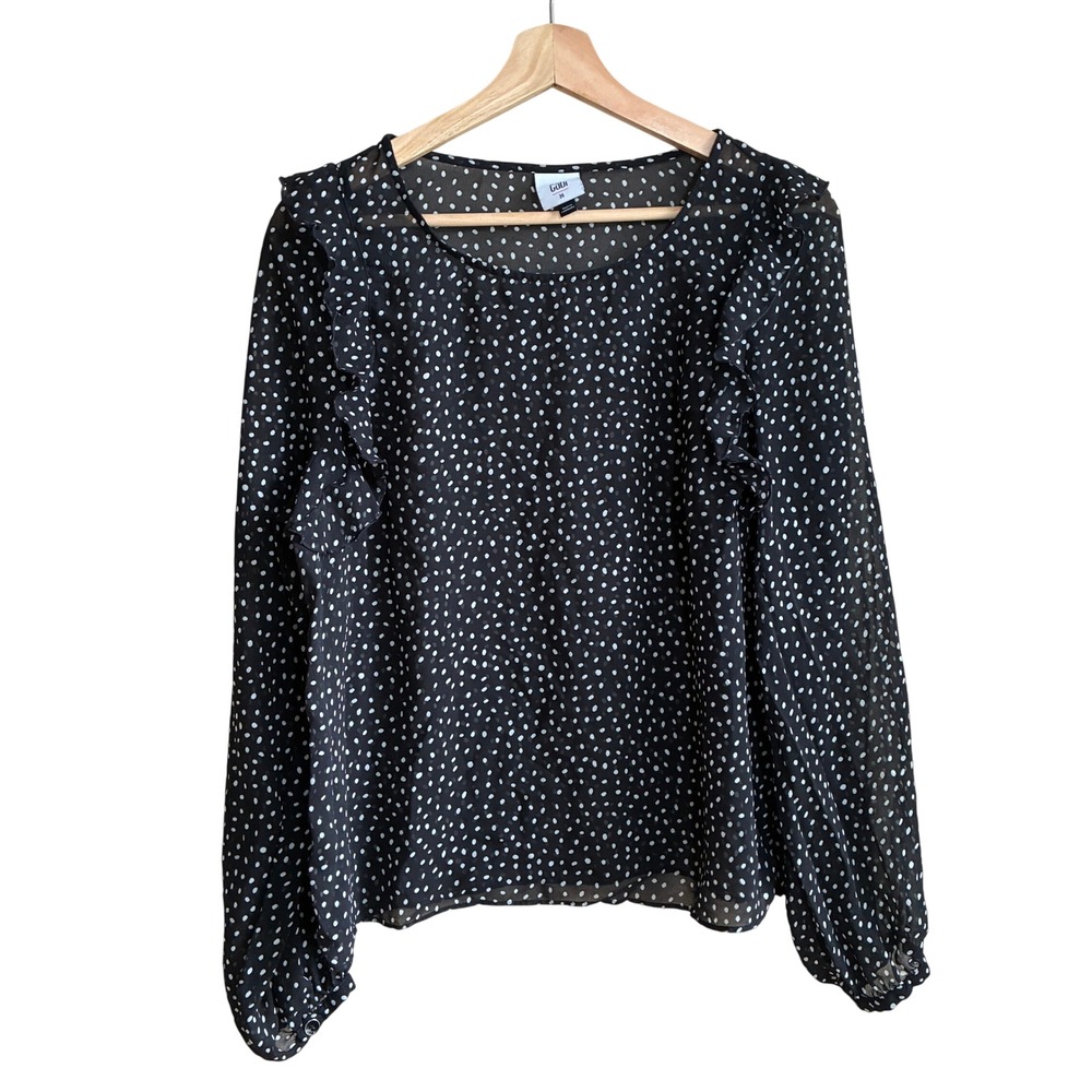 Cabi 3956 Ruffle Front Polka Dot Blouse Size M Black White Womens Sheer Top